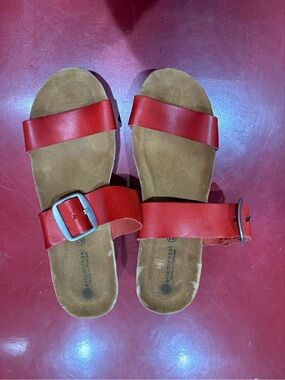 Eric Michael Orange Leather Two-Strap Buckle Slide Sandals